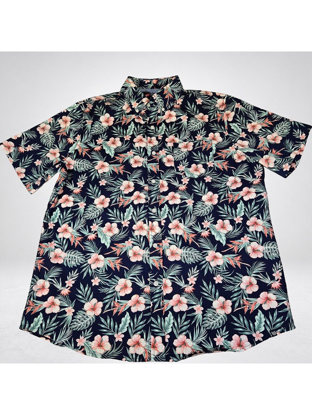 Chaps Hawaiian Shirt L Mens Navy Pink Coral Floral 100% Cotton Vintage